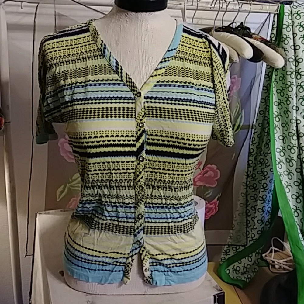 NY&C Womans Blouse sz Sm short sleeve B28 green blue stripe shortsleeve snap up